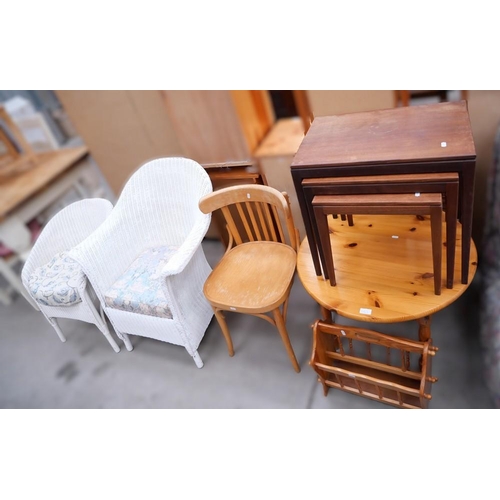 3443 - 2 Lloyd Loom Chairs, Bentwood Chair, Teak Nest Of Tables, Pine Coffee Table & Magazine Rack