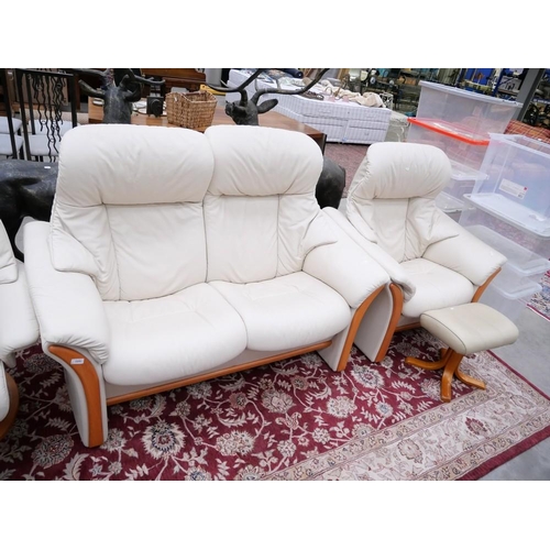 3456 - Cream Leather 2 Seat Sofa & Chair With Matching Foot Stool