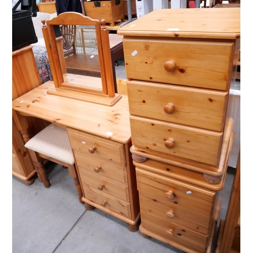 3472 - Pine Dressing Table, Mirror, Stool & Pair Of Three Drawer Bedsides