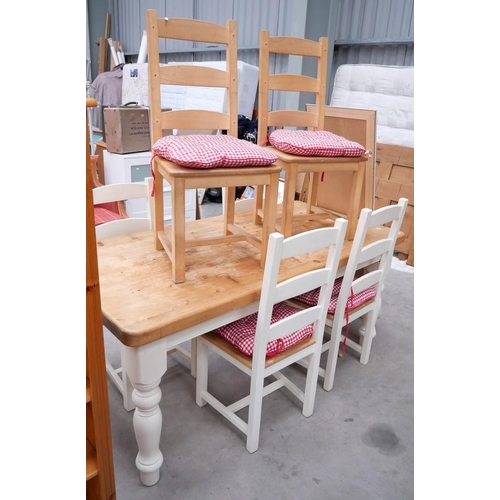 3474 - Painted Pine Kitchen Table With 4 Matching Chairs & Two Others