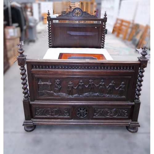 3559 - Continental Carved Oak Barley Twist Double Bedframe & Oak Barley Twist Marble Top Cupboard