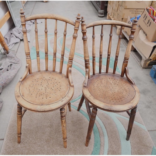 3573A - Pair Of Victorian Pine Spar Back Kitchen Chairs