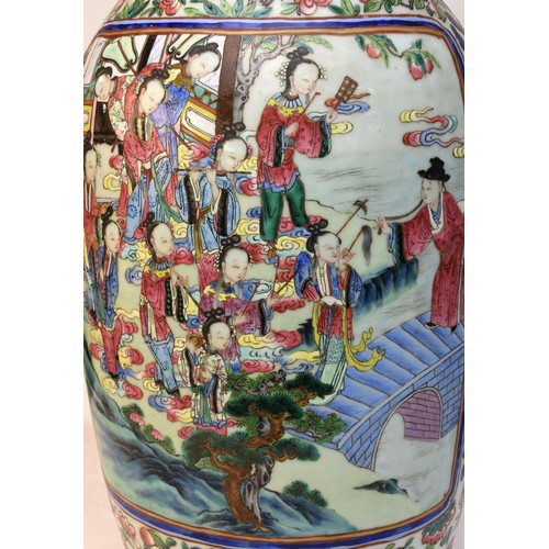 1381 - Large Pair of Antique Chinese Qing Dynasty Vases. Decorated with multiple Panels of figures in palat... 