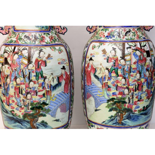 1381 - Large Pair of Antique Chinese Qing Dynasty Vases. Decorated with multiple Panels of figures in palat... 