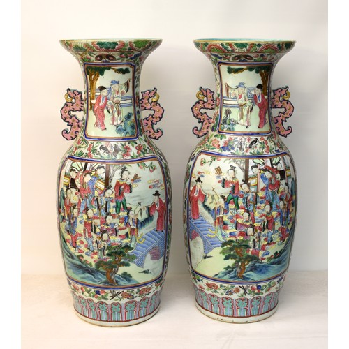 1381 - Large Pair of Antique Chinese Qing Dynasty Vases. Decorated with multiple Panels of figures in palat... 