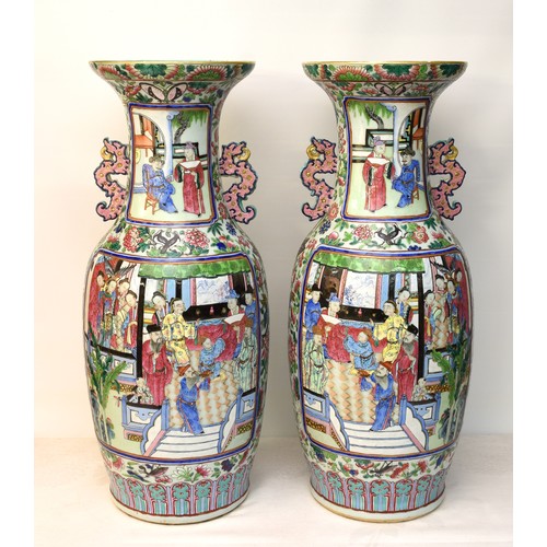 1381 - Large Pair of Antique Chinese Qing Dynasty Vases. Decorated with multiple Panels of figures in palat... 