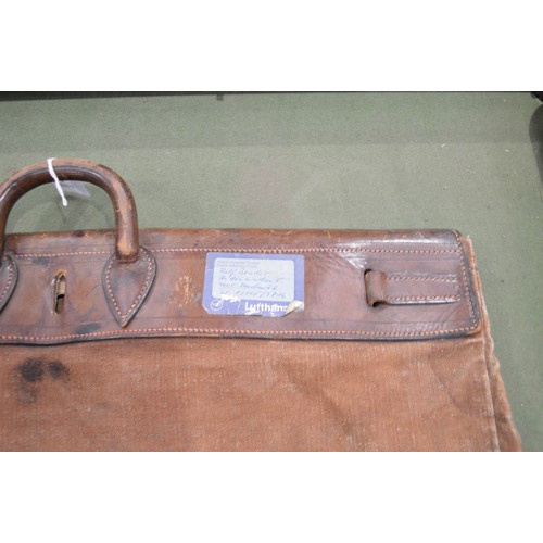 1481 - Early Vintage L Vuitton Paris / London Leather Mounted Canvas Steamer Travel Bag, approx 61cm square... 