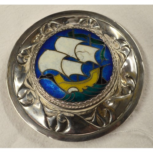 2232 - Arts & Crafts White Metal Box & Cover, the lid decorated with Galleon on blue ground, approx 10cm in... 