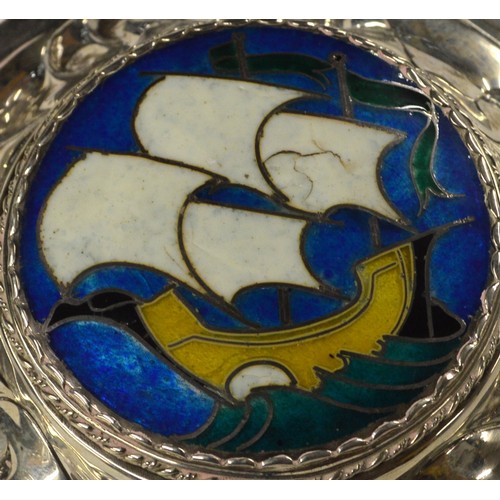 2232 - Arts & Crafts White Metal Box & Cover, the lid decorated with Galleon on blue ground, approx 10cm in... 