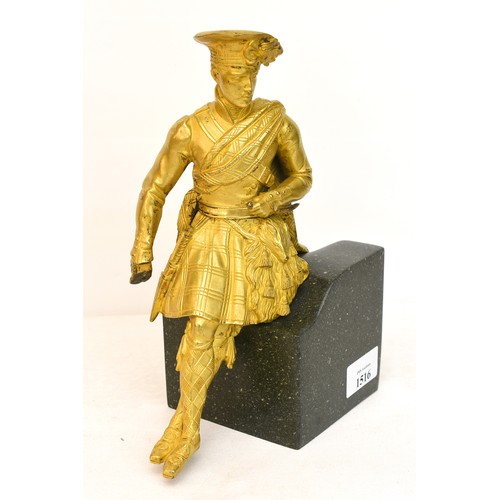 1516 - Heavy Gilt Metal Highland Figure on Marble Base, approx 24cm tall.