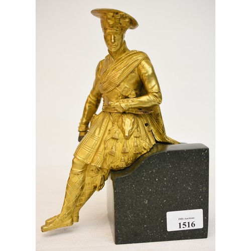 1516 - Heavy Gilt Metal Highland Figure on Marble Base, approx 24cm tall.