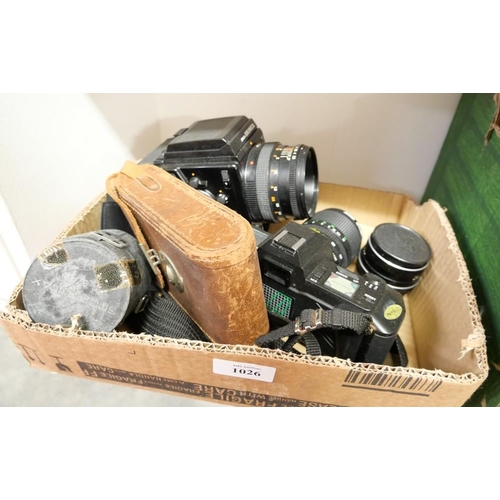 1026 - Box - Assorted Vintage Cameras & Lenses - Bronica Medium Format, Chinon CP-7N SLR, Kodak Folding etc... 