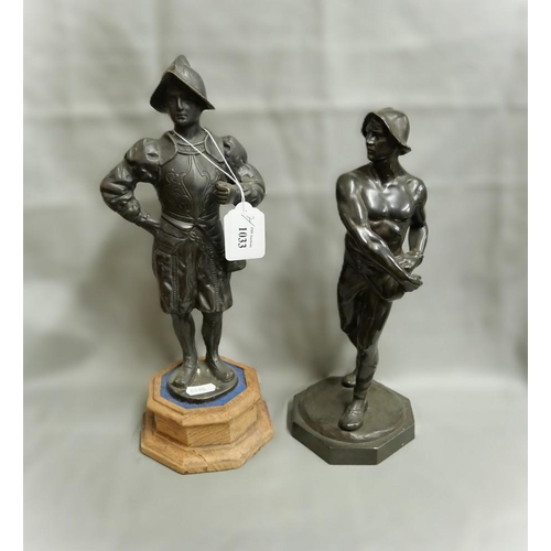 1033 - Two Spelter Figures (Farmer & Soldier), approx 34cm tall.