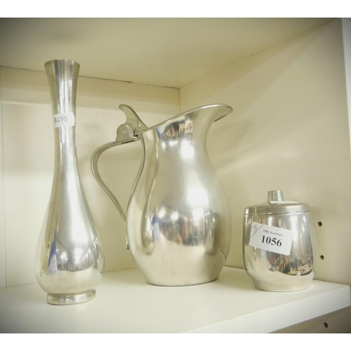 1056 - Three Pieces of Norwegian Pewter - Jug, Bud Vase & Preserve.