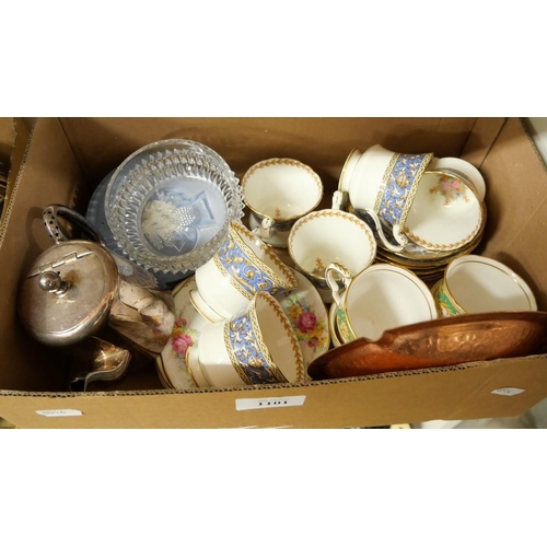 1101 - Box - Part Tea Sets, Silverplated Water Jug, Wedgwood Pin Dishes etc.