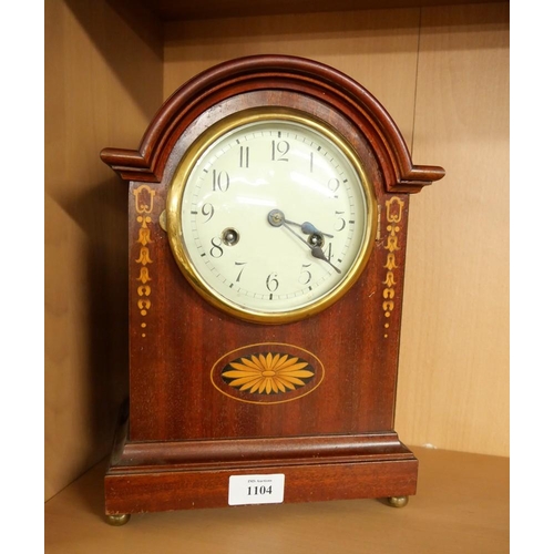 1104 - Edwardian Inlaid Mahogany Mantel Clock (Key & Pendulum Present).