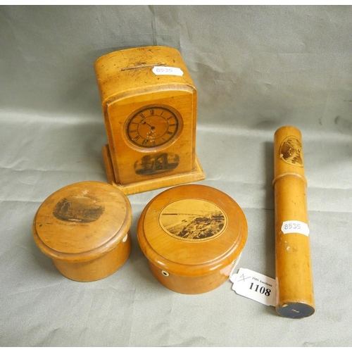 1108 - Two Mauchline Ware String Boxes, Money Bank & Needle Case.