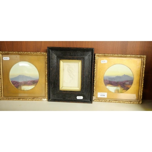 1116 - Pair of Miniature Paintings & Framed Relief Panel of a Young Woman.