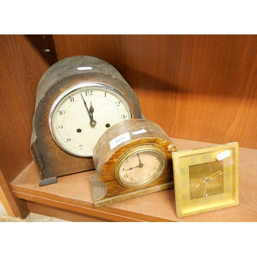 1125 - Two Vintage Oak Cased Mantel Clocks & Brass Desk Timepiece.