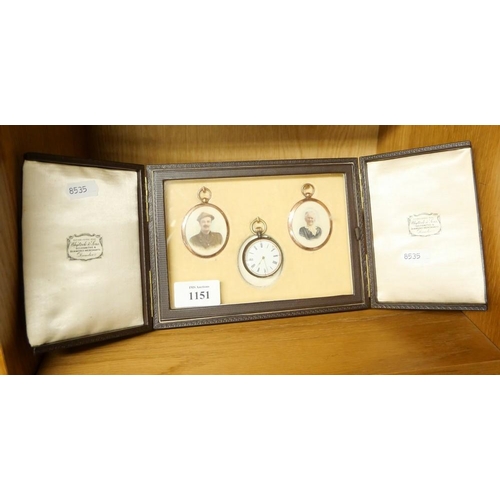 1151 - Two Photographic Portrait Miniatures and Fob Watch in Showcase.