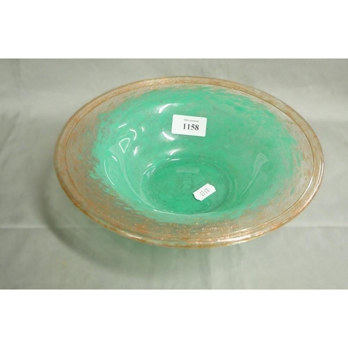 1158 - Monart Bowl approx 25cm in diameter, mottled green with aventurine rim.