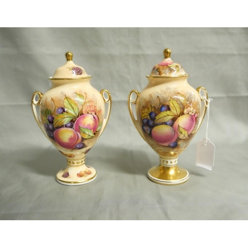 1183 - Pair of Aynsley Bone China Orchard Pattern Vases & Covers, approx 15cm tall.