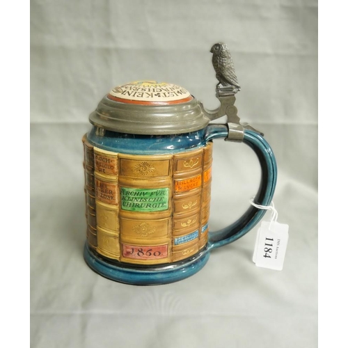 1184 - Mettlach Stoneware Beer Stein - Unusual Bookcase Pattern, approx 17cm tall.