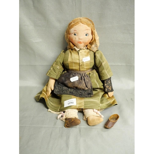 1194 - Vintage Rag Doll, Painted Features, approx 38cm tall.