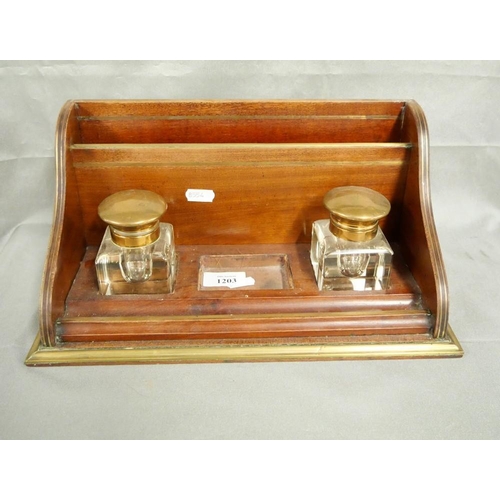 1203 - Brass Inlaid Mahogany Desk Inkstand with two large glass inkwells.