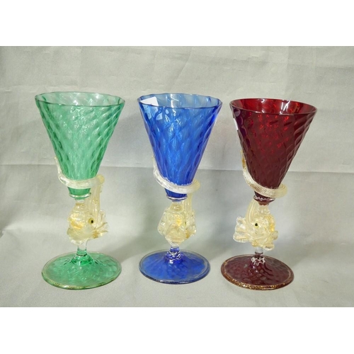 1218 - Three Vintage Venetian Wine Glasses, Classical Dolphin Stems, tinted conical bowls, approx 18.5cm ta... 