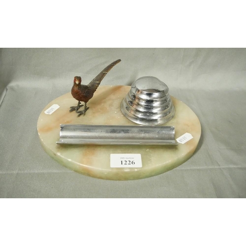 1226 - Vintage Desk Inkstand, mounted with Ring Necked Pheasant (AF).