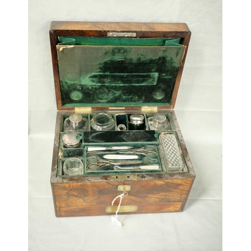 1230 - Antique Rosewood Dressing Box - Fitted interior with silver mounted toilet bottles.