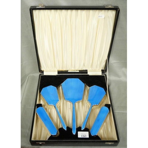 1263 - Silverplated Electric Blue Enamelled Brush/Dressing Set in Fitted Case.