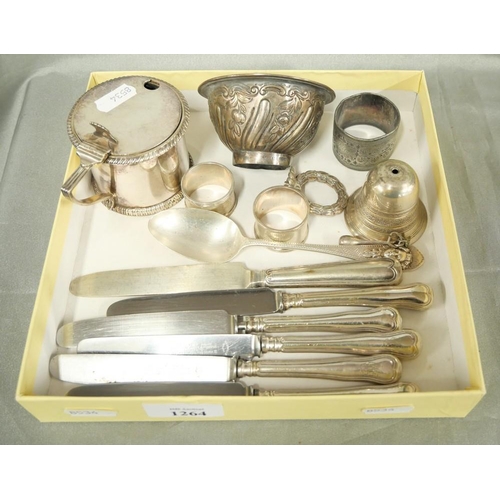 1264 - Box - Mustard Pot, White Metal Bowl, Napkin Rings etc.