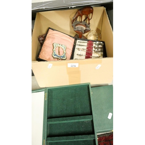 1270 - Box - Carved Wood Animal, Italian Miniature Frame, Cutlery Cases, Golf Balls etc.