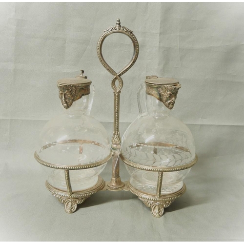 1272 - Twin Late Victorian / Edwardian Engraved Spherical Decanters on Stand, Human Mask Spouts, approx 25c... 