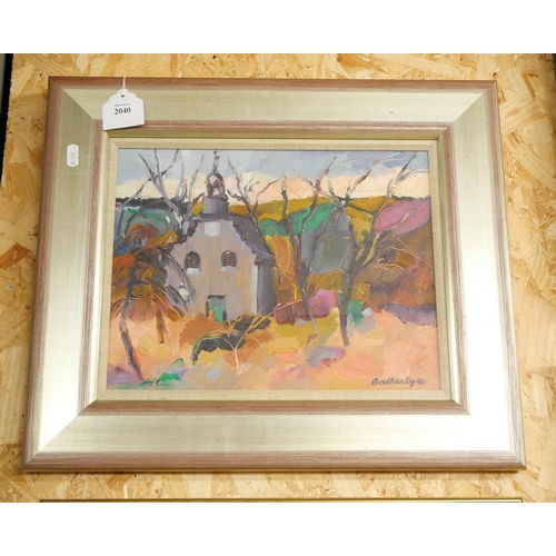 2040 - Framed Oil Painting - Old Ayrshire Church by Margaret Ballantyne, approx 33 x 26cm.