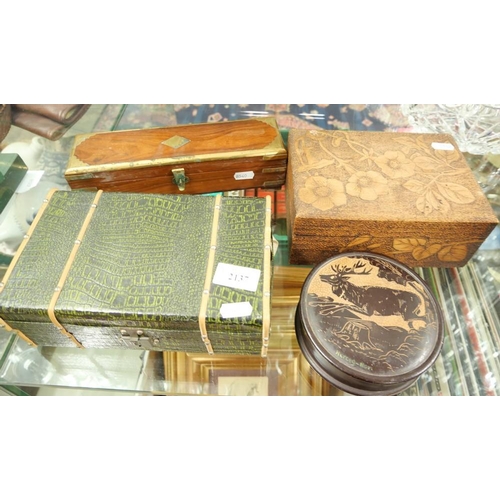 2137 - Pokerwork Box, Brass Bound Box, Box in Form of Suitcase and Carved Stag Circular Box