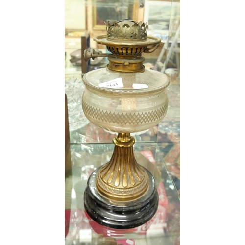 2143 - Antique Brass Oil Lamp, Cut Glass Reservoir