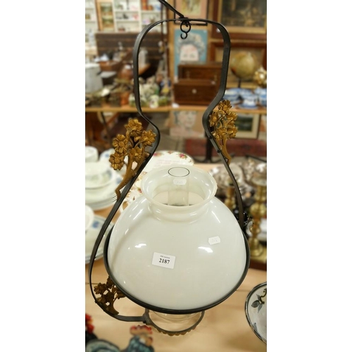 2187 - Antique Hanging Paraffin Lamp with Floral Bracket and Milk Glass Shade