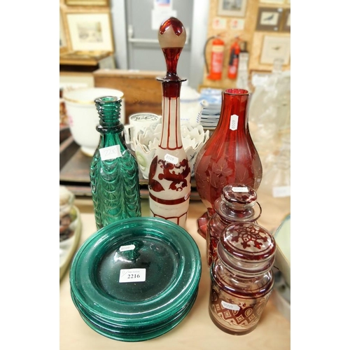 2216 - Ruby Cut Glass Vase, Two Cut Glass Jars and Covers, Decanter, Green Glass Plates