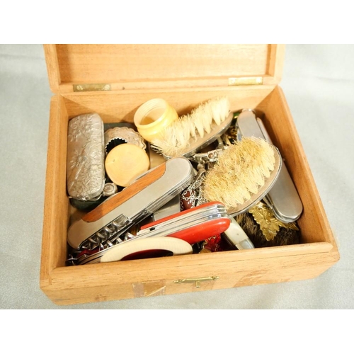 2509 - Box - Assorted Pen Knives, Miniature Brush, Micro Mosaic Pendants etc.