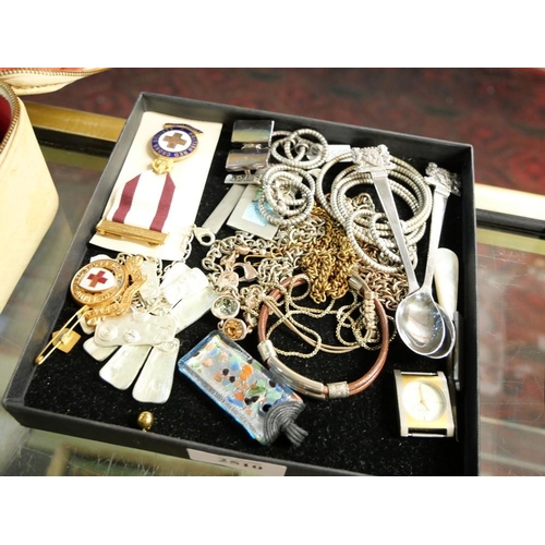 2510 - Box - Costume Jewellery, Two Silver Teaspoons, Red Cross Medals etc.