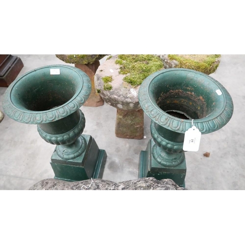 19 - Pair of Painted Cast Iron Pedestal Garden Urns