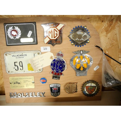 830 - Collection Of Car Badges Including MG, Palestine Police Car Badge etc.