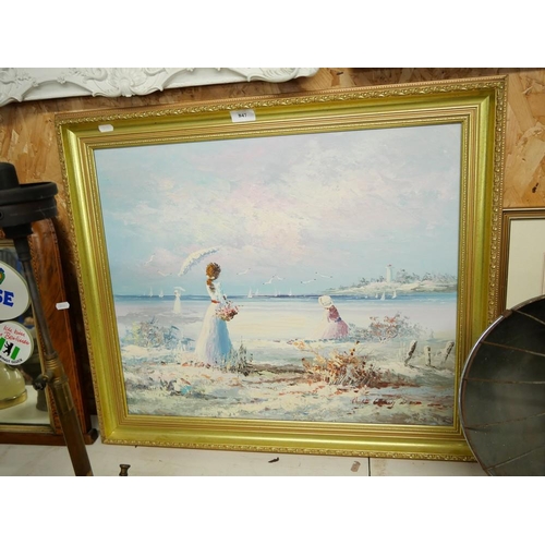 847 - Gilt Framed Oil Painting - Young Ladies On Beach