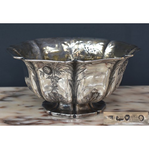 2232 - London Silver Bowl, the segmented body engraved with flowers and foliage 15.9oz troy