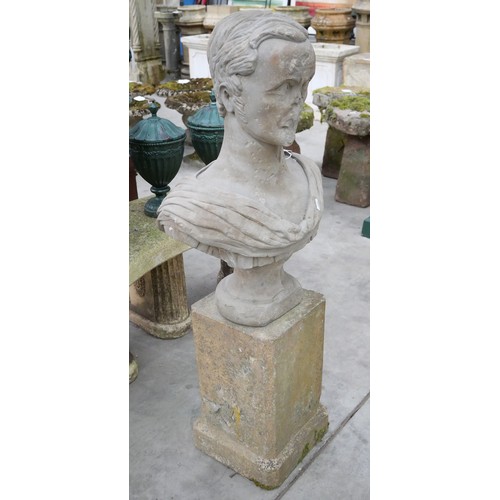 37 - Carved Sandstone Greco Roman Bust on Pedestal Base