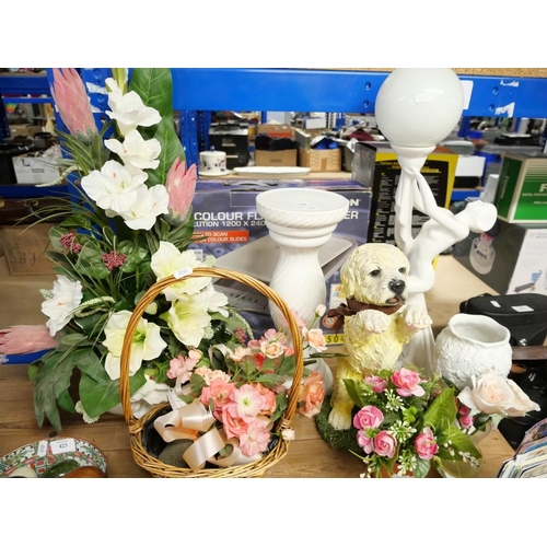 422 - Selection of Artificial Flowers, Wicker Basket, Lamp, Dog Ornament etc