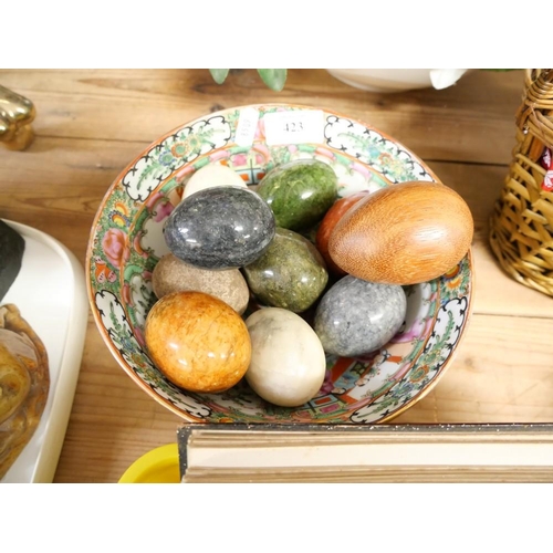 423 - Chinese Bowl Containing Wooden and Glass Eggs